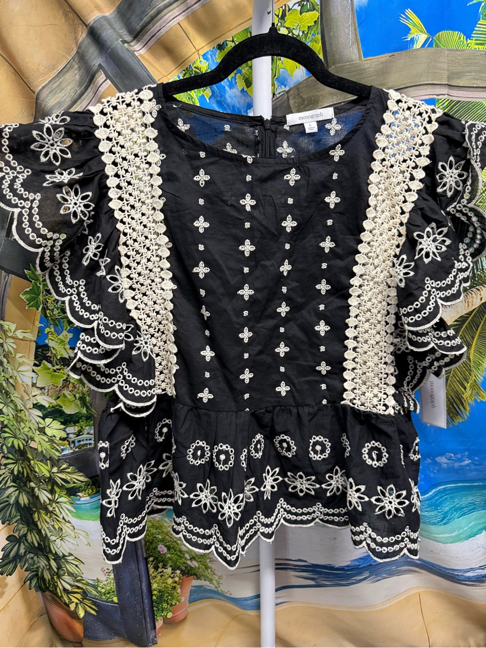 Monograph by Anthropologie Embroidered Flutter-Sleeve Peplum Top LARGE NWT - Picture 2 of 6